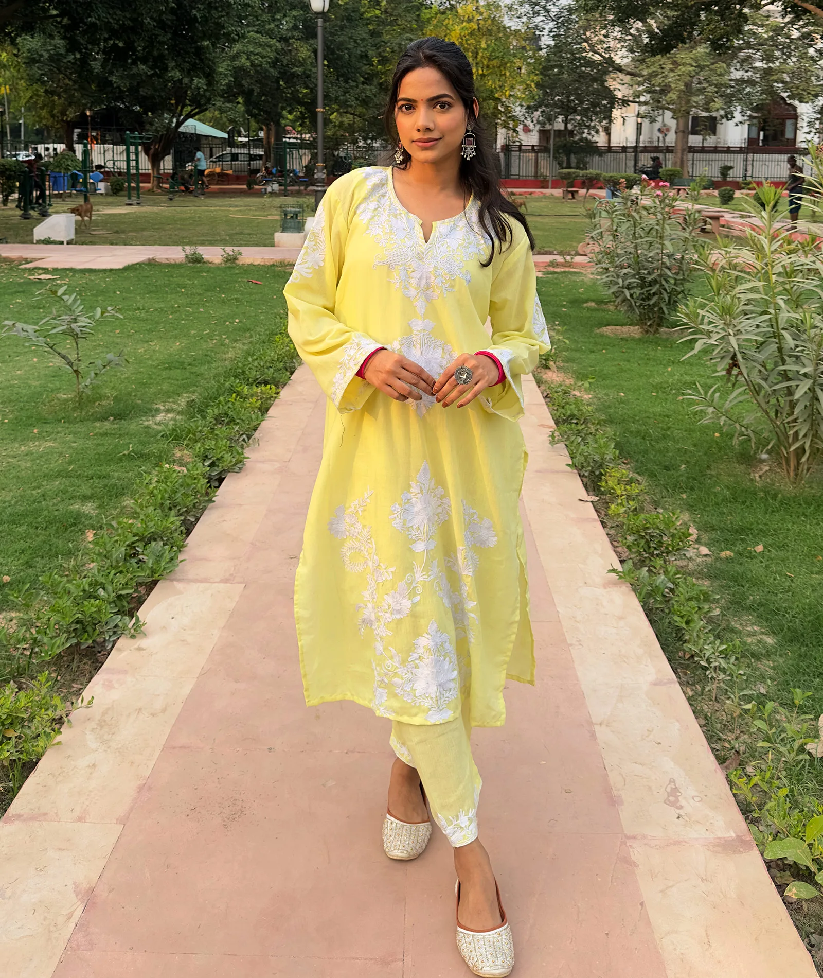 Lemon Base White Embroidered Cotton Co ord | Full Suit