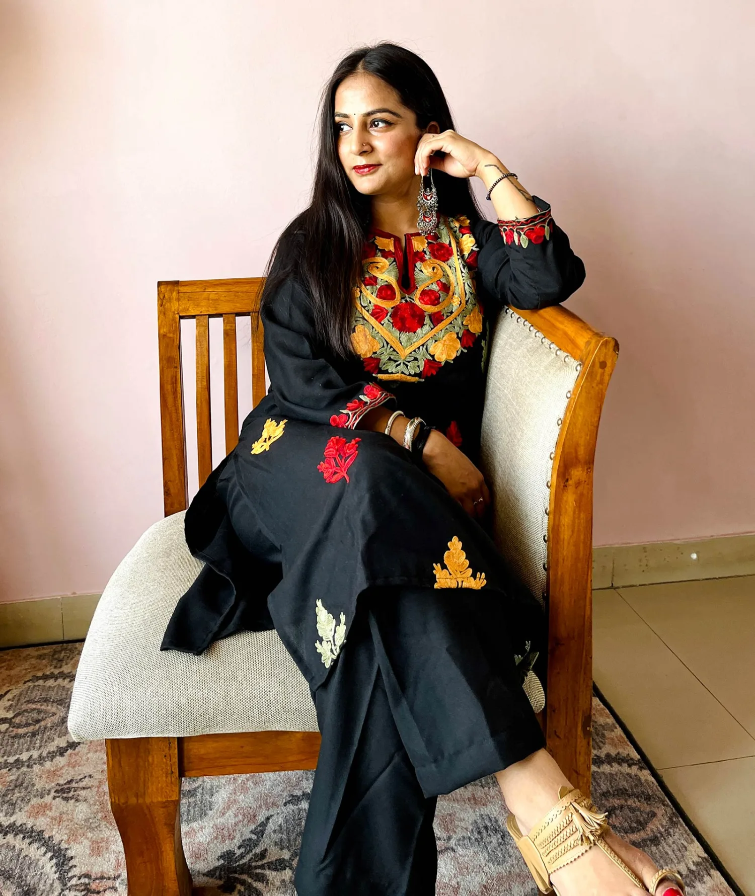 Black Multicolored Bootidar Aari Embroidered Cord Set | Full Suit