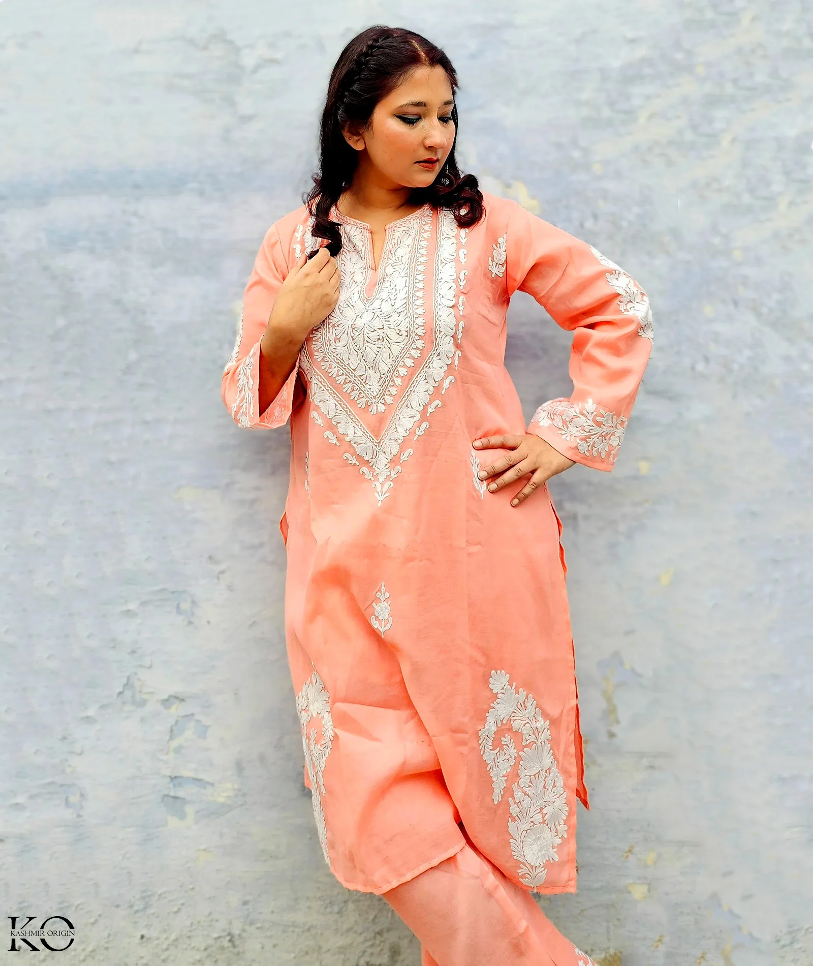 Peach Embroiderey Cotton Co ord Set | Full Suit