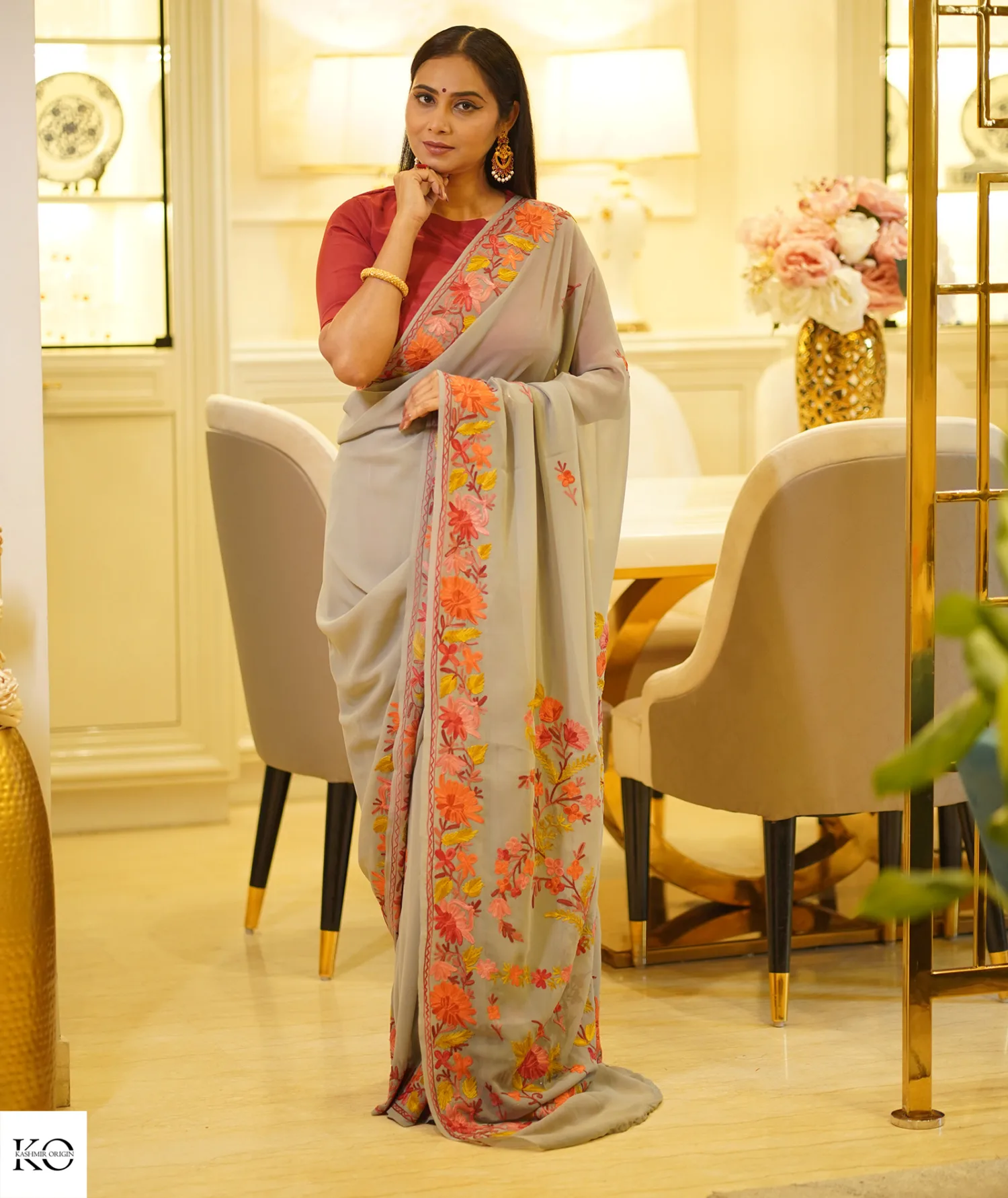 Floral Embroidered Dove Grey Georgette Saree
