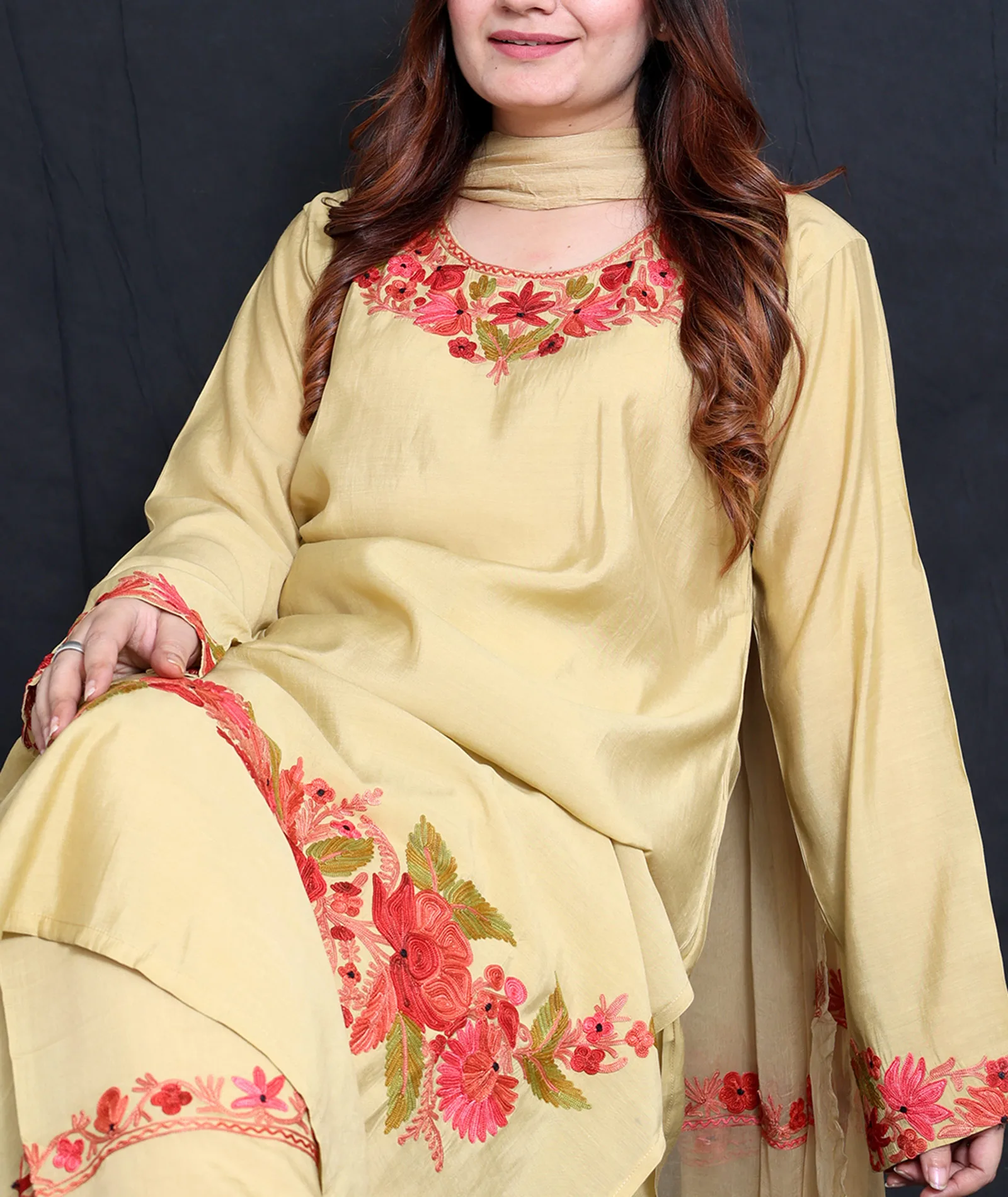Light Gold Silk Crepe Flower Design Embroidered Suit With Dupatta