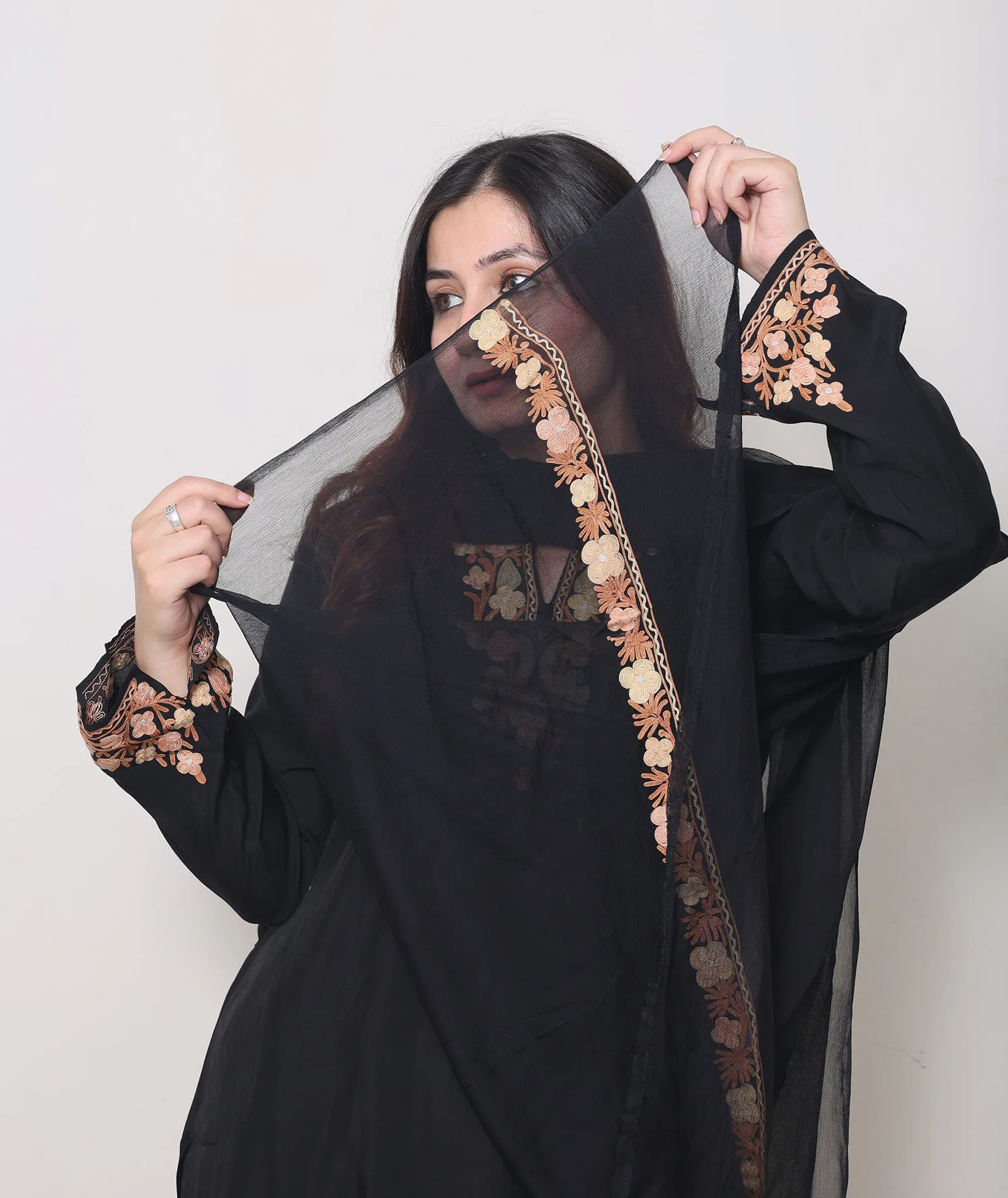 Black Silk Crepe Embroidered Border Design Suit With Dupatta