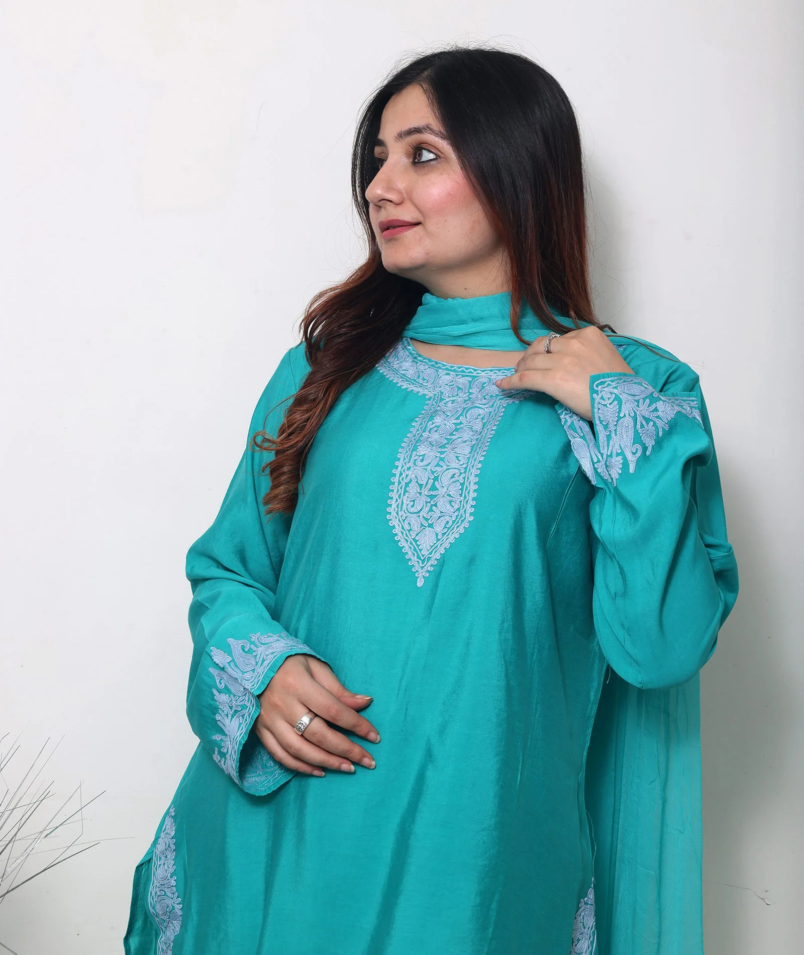 Turquoise Green Silk Crepe Embroidered Border Design Suit With Dupatta