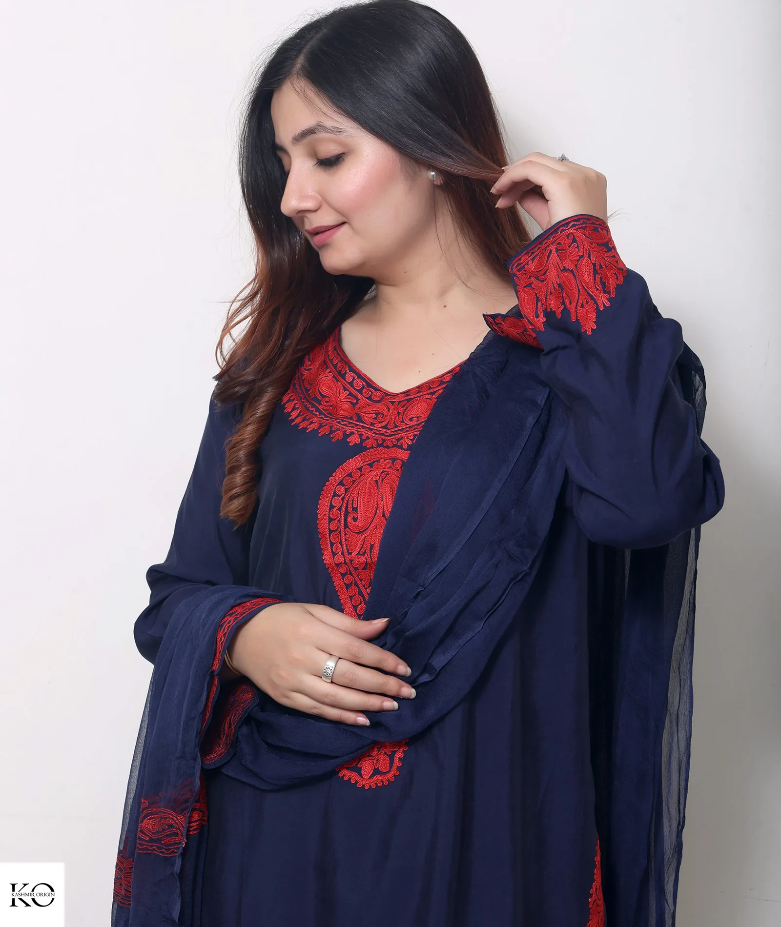 Blue & Red Silk Crepe Embroidered Suit With Dupatta
