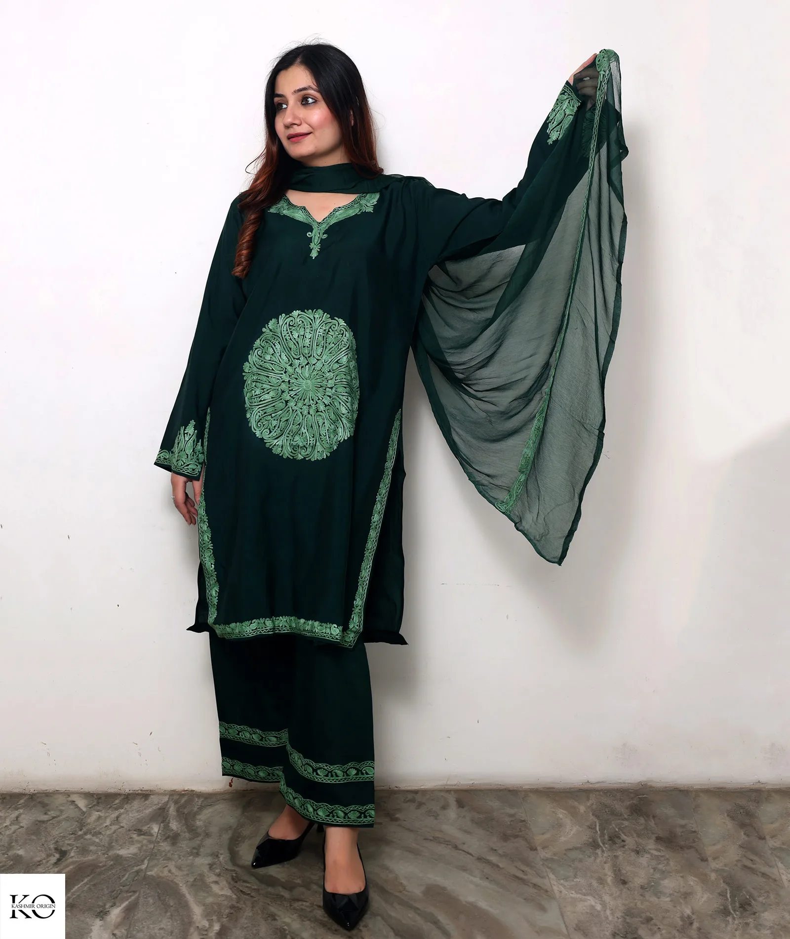 Green Tone on Tone Silk Crepe Embroidered Suit With Dupatta