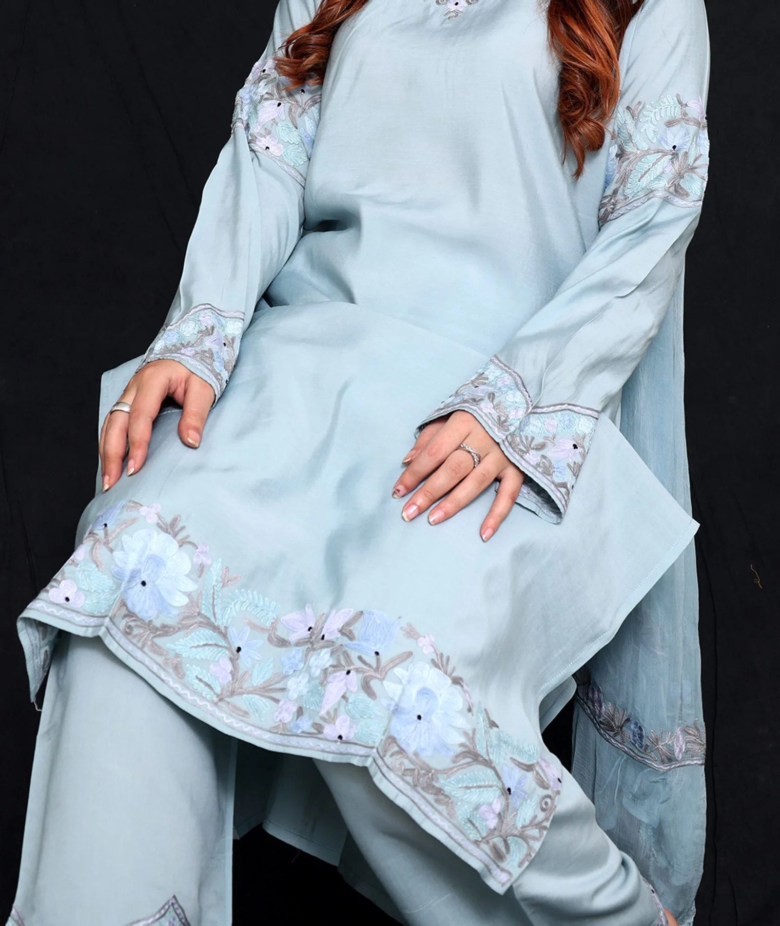 Grey Tone Silk Crepe Embroidered Suit With Dupatta