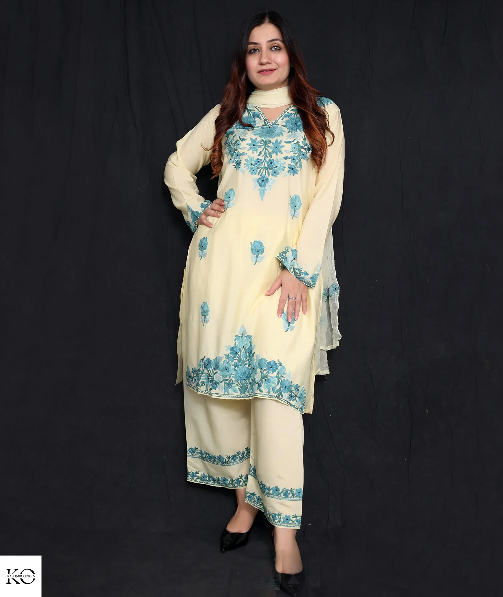 Lemon Silk Crepe Embroidered Suit With Dupatta