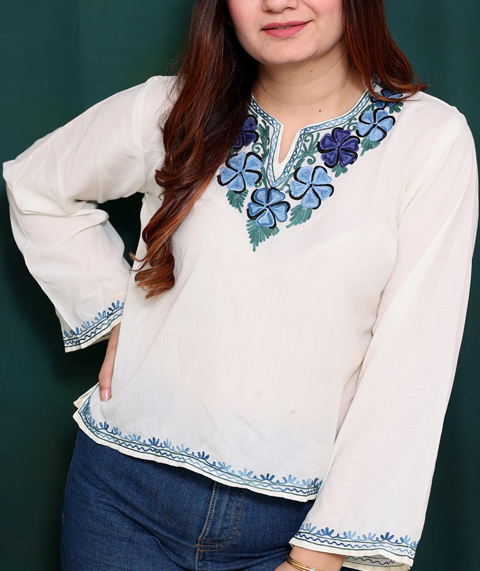 White Cotton Short Kurti With Blue Embroidery