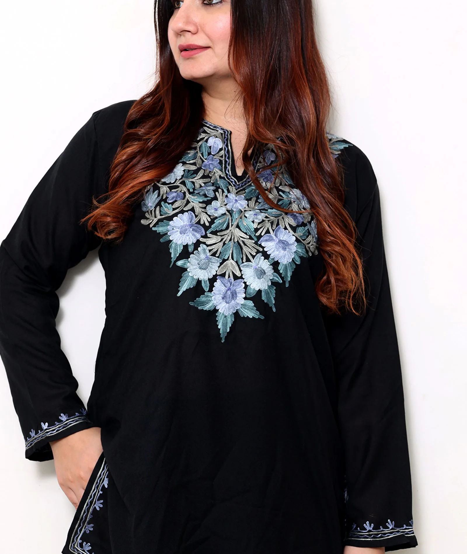 Black Cotton Short Kurti With Blue Embroidery
