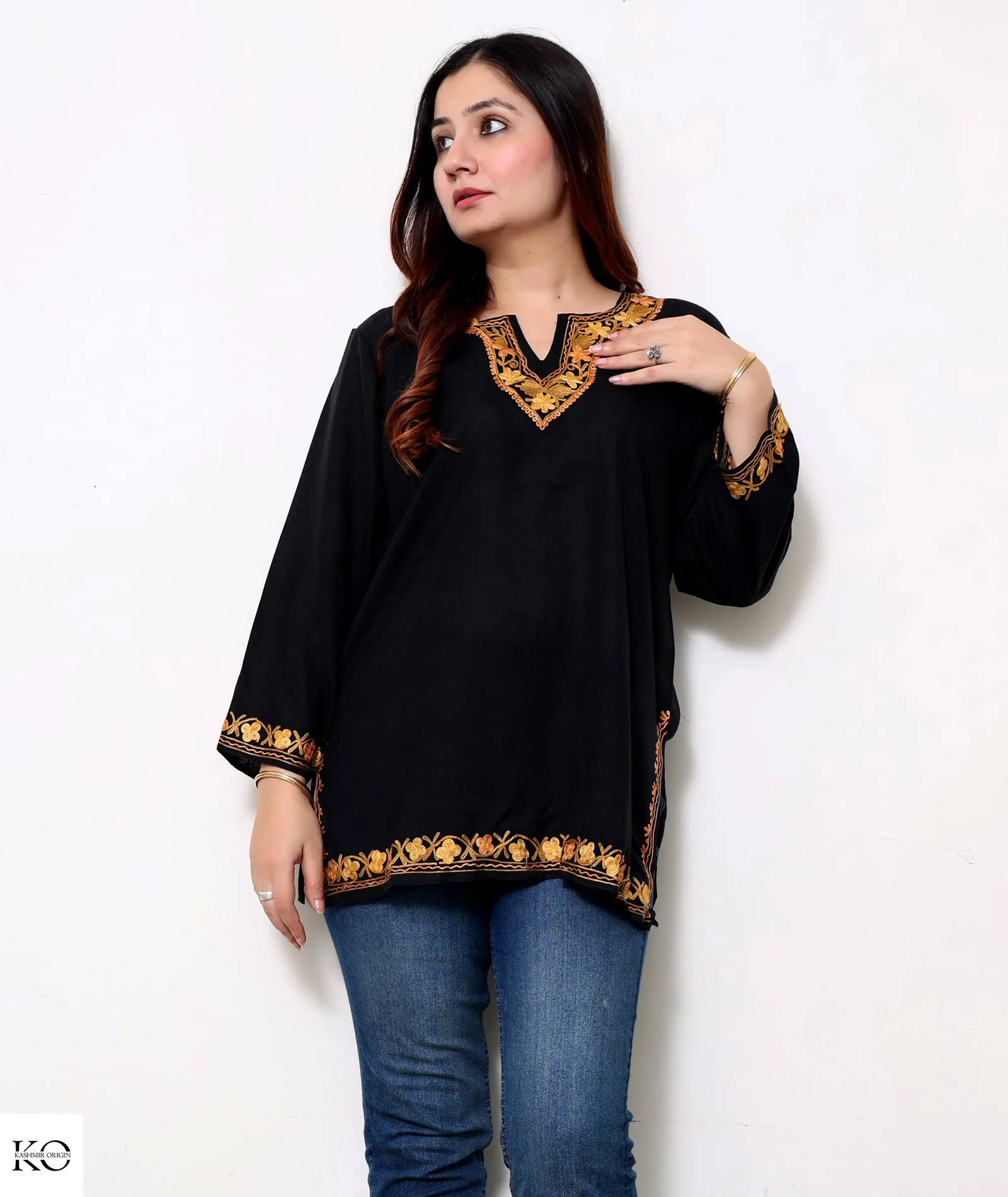 Black Cotton Short Kurti With Brown Embroidery