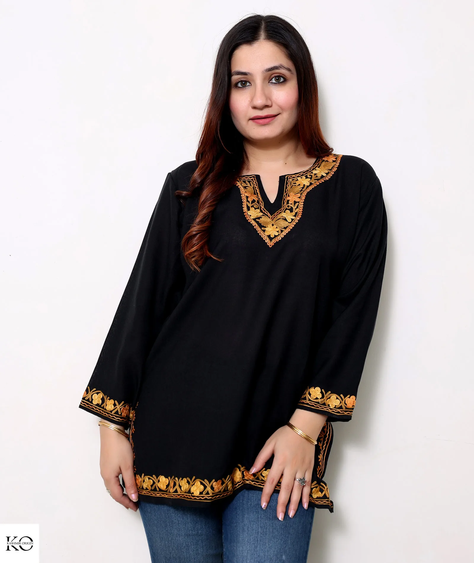 Black Cotton Short Kurti With Brown Embroidery