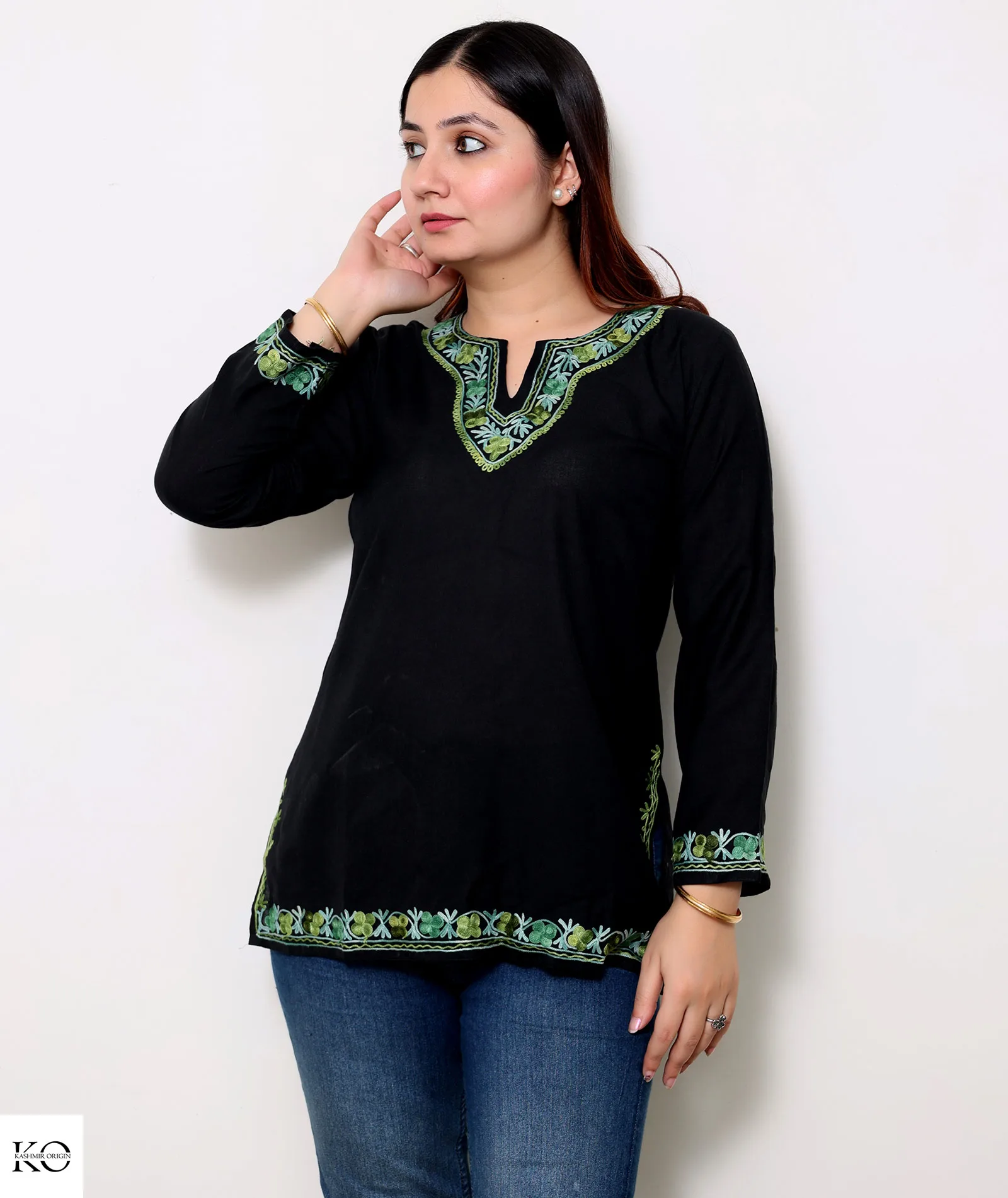 Black Cotton Short Kurti With Green Embroidery