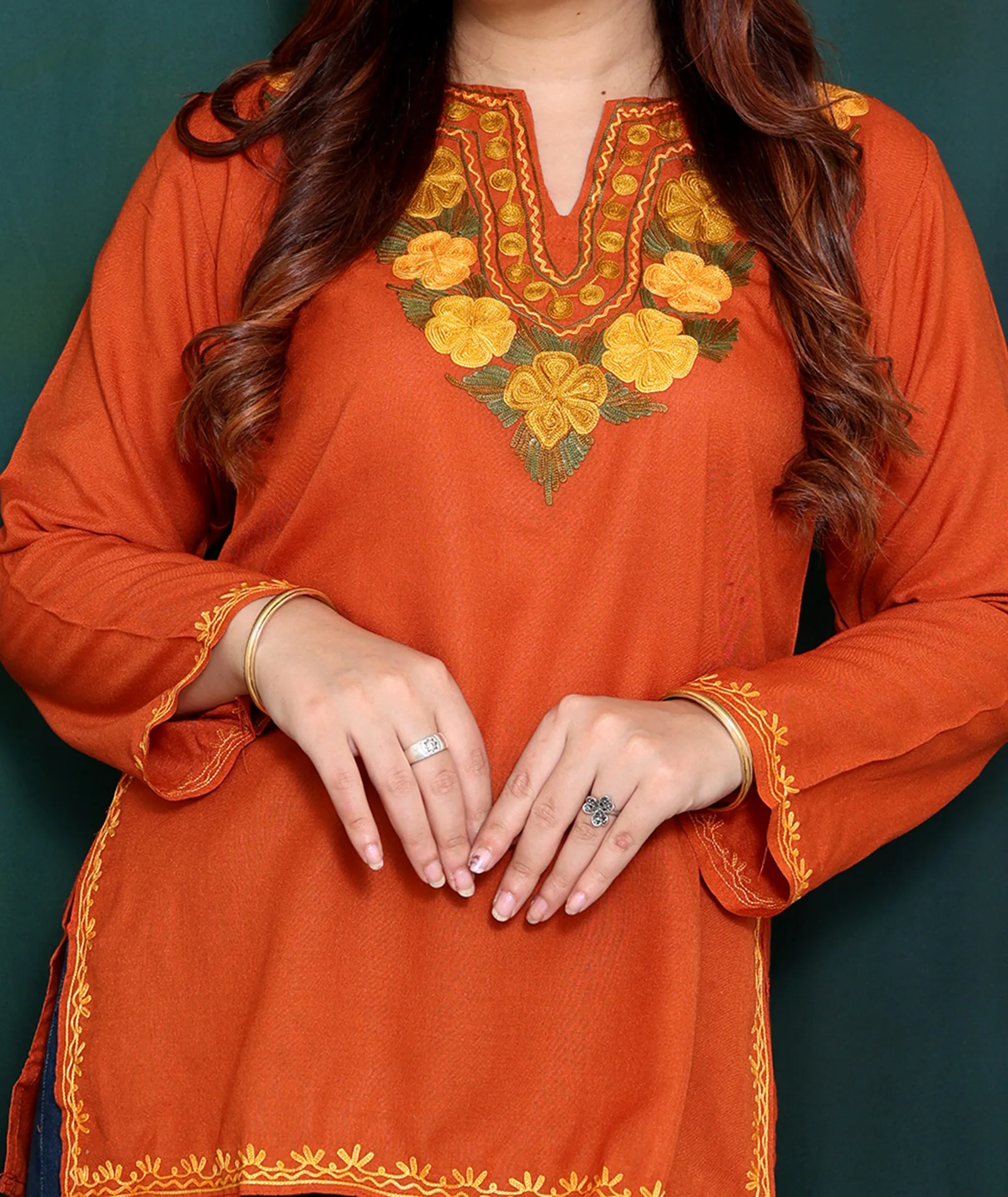 Rust Cotton Short Kurti With Yellow Embroidery