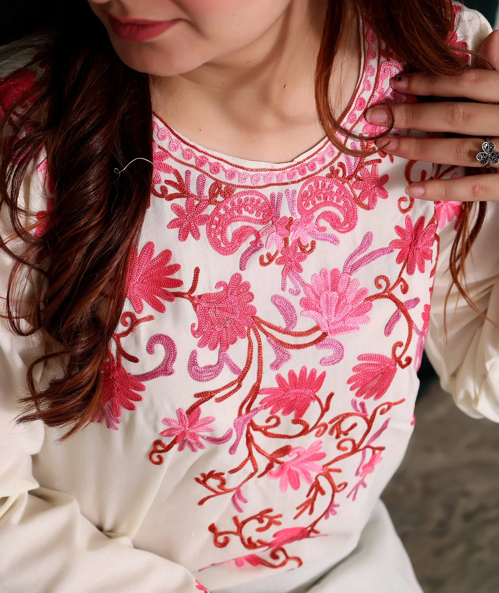 White Cotton Kurti With Pink Floral Embroidery