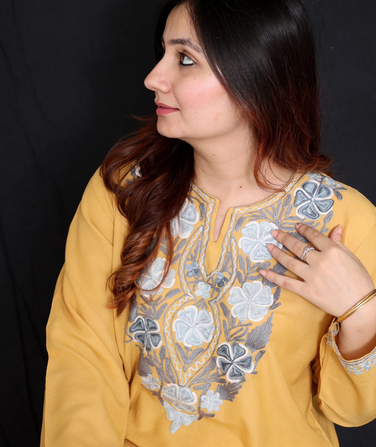 Floral Grey Aari Embroidered yellow Cotton Co ord Set