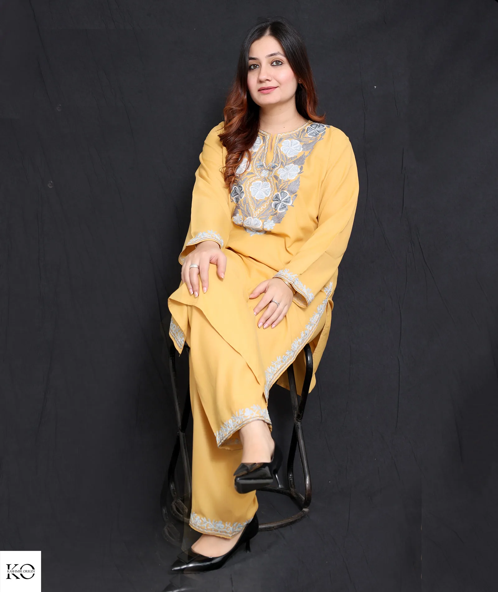 Floral Grey Aari Embroidered yellow Cotton Co ord Set