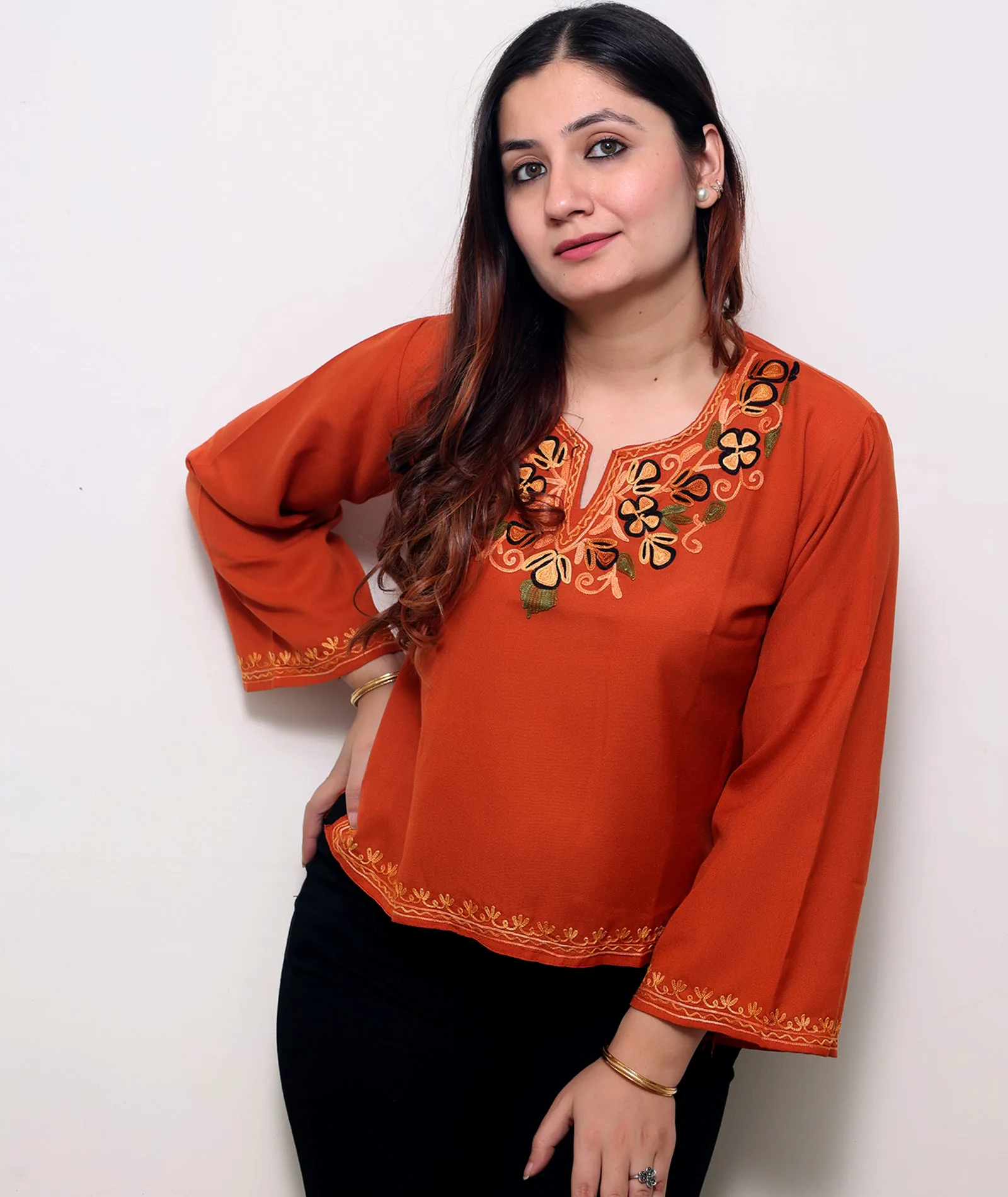 Rust Base Embroidered Floral Cotton Short Kurti