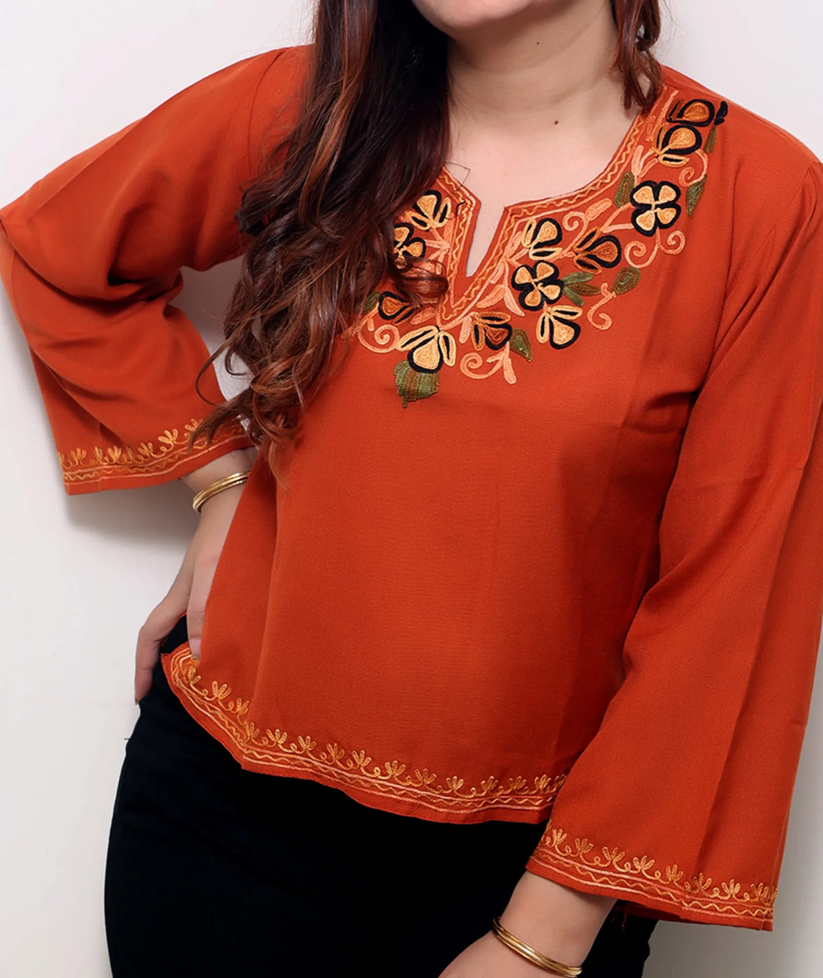 Rust Base Embroidered Floral Cotton Short Kurti