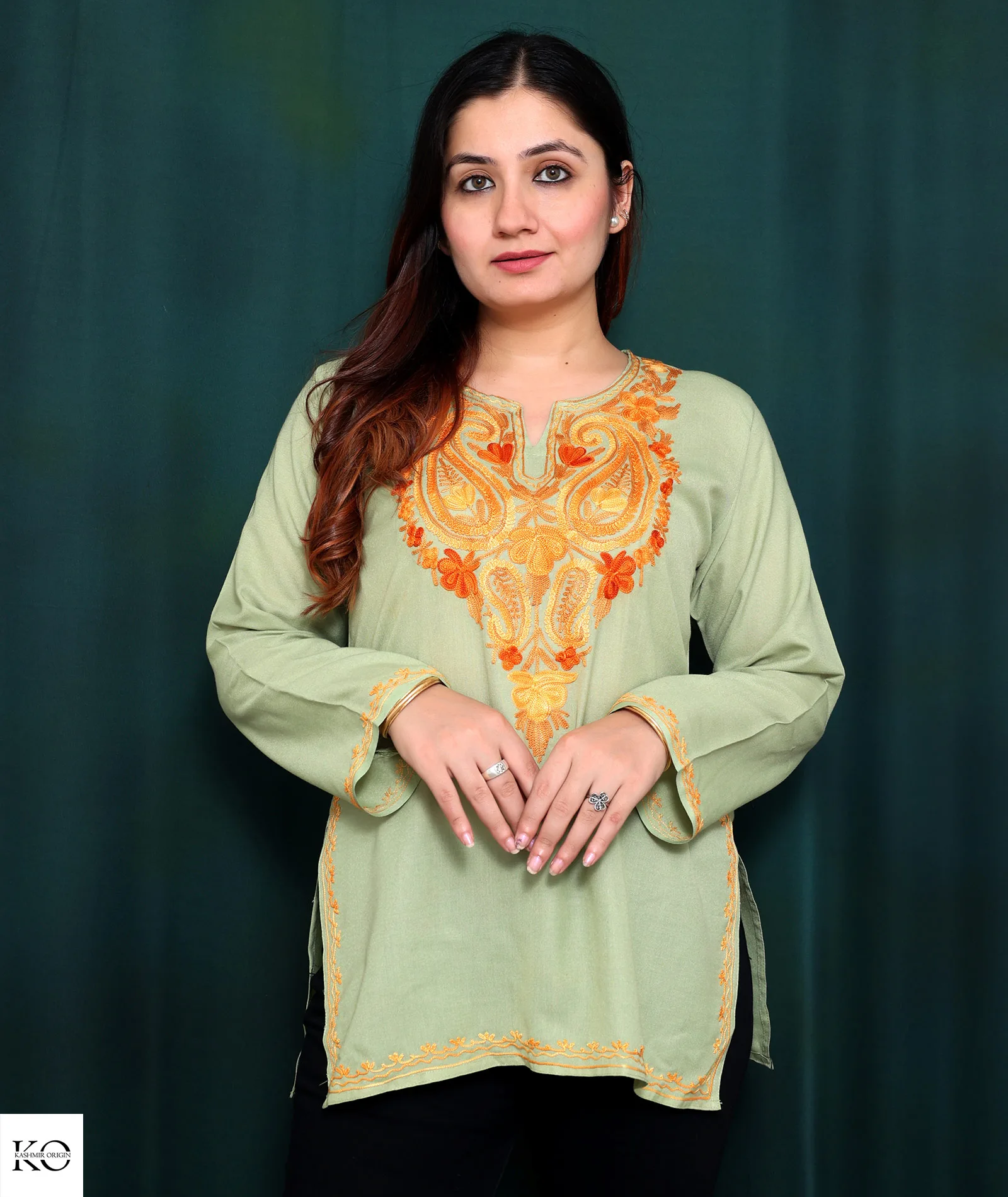 Green Base Embroidered Pasley Cotton Short Kurti