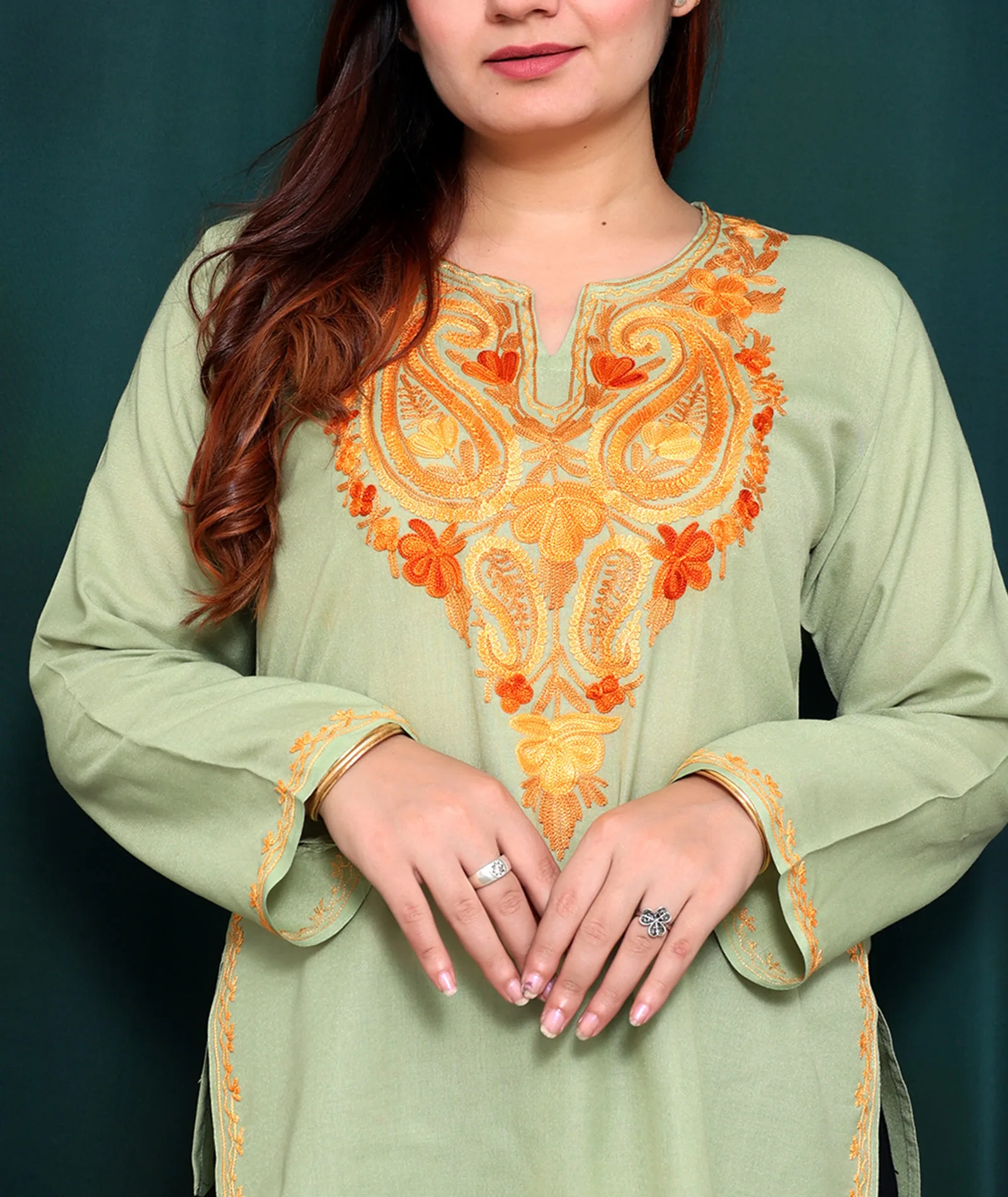 Green Base Embroidered Pasley Cotton Short Kurti