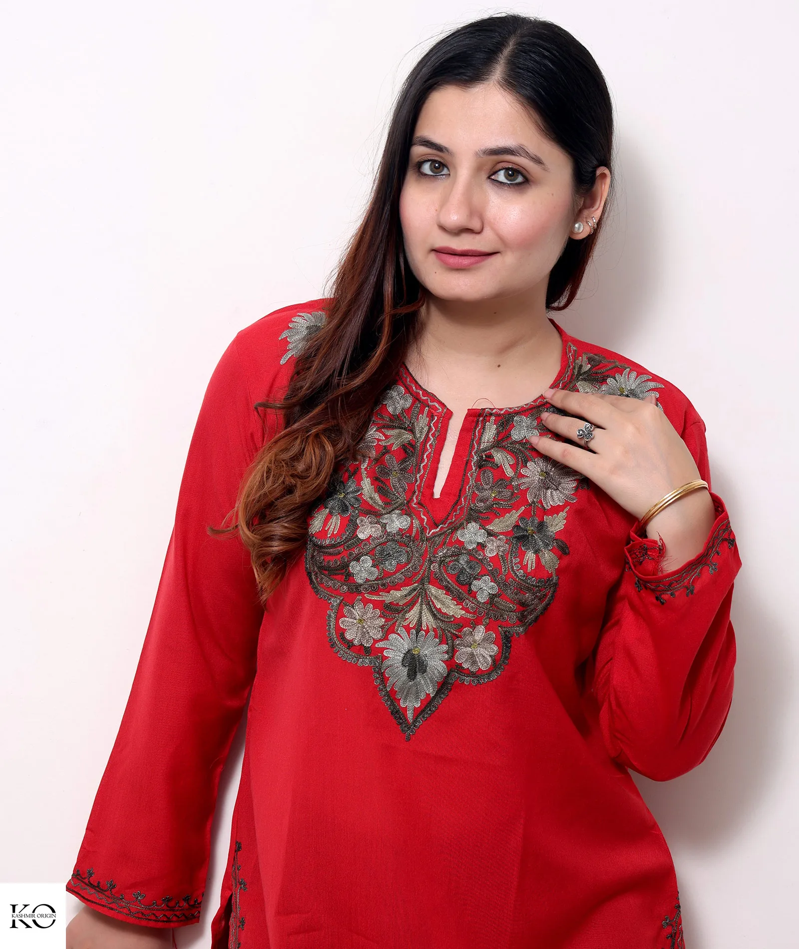 Red Base Aari Embroidered Cotton Co ord Set