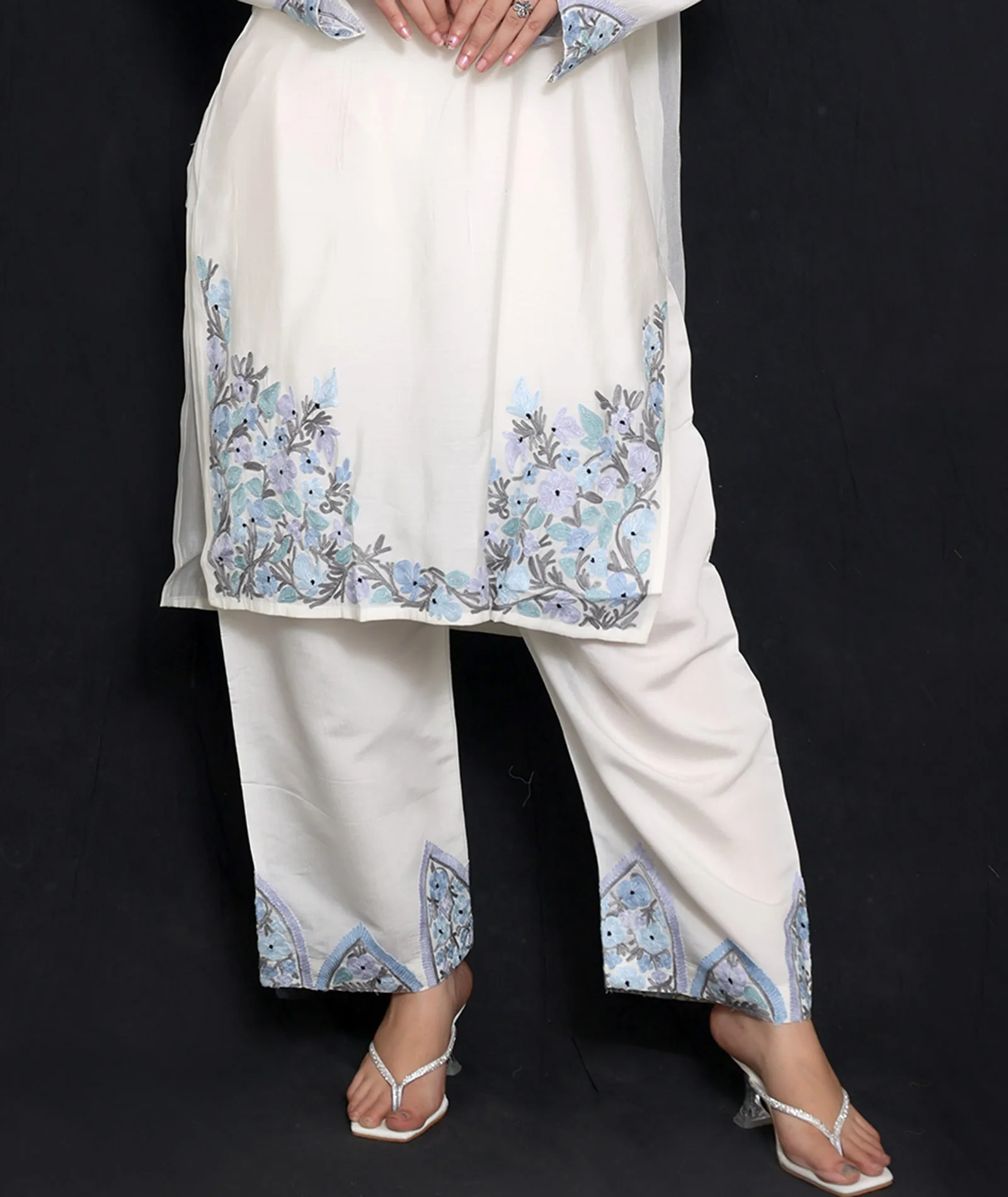 White & Bule Grey Silk Crepe Embroidered Co Ord Set With Dupatta