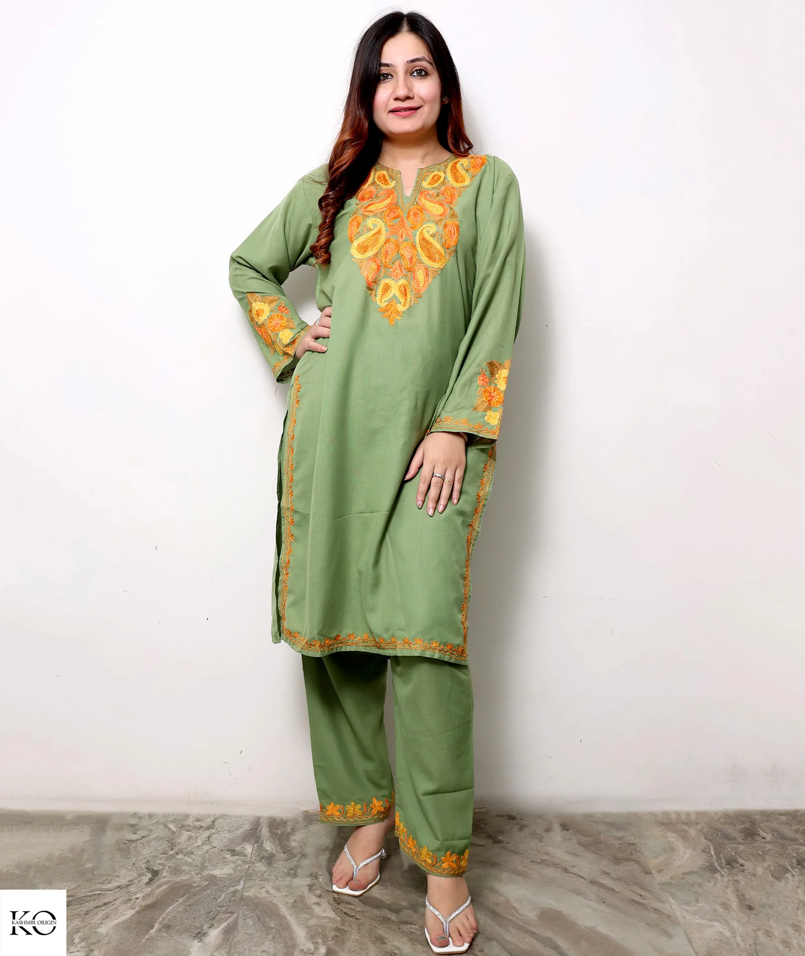 Green Base Aari Embroidered Cotton Co ord Set