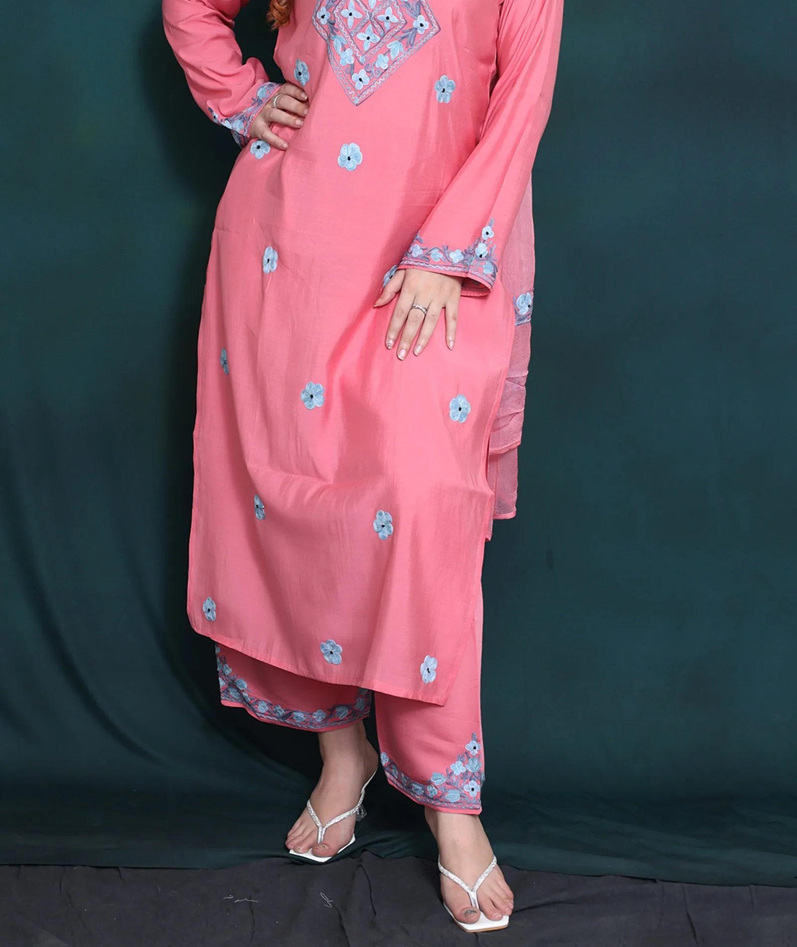 Pink Silk Crepe Abstract Design Embroidered Suit With Dupatta