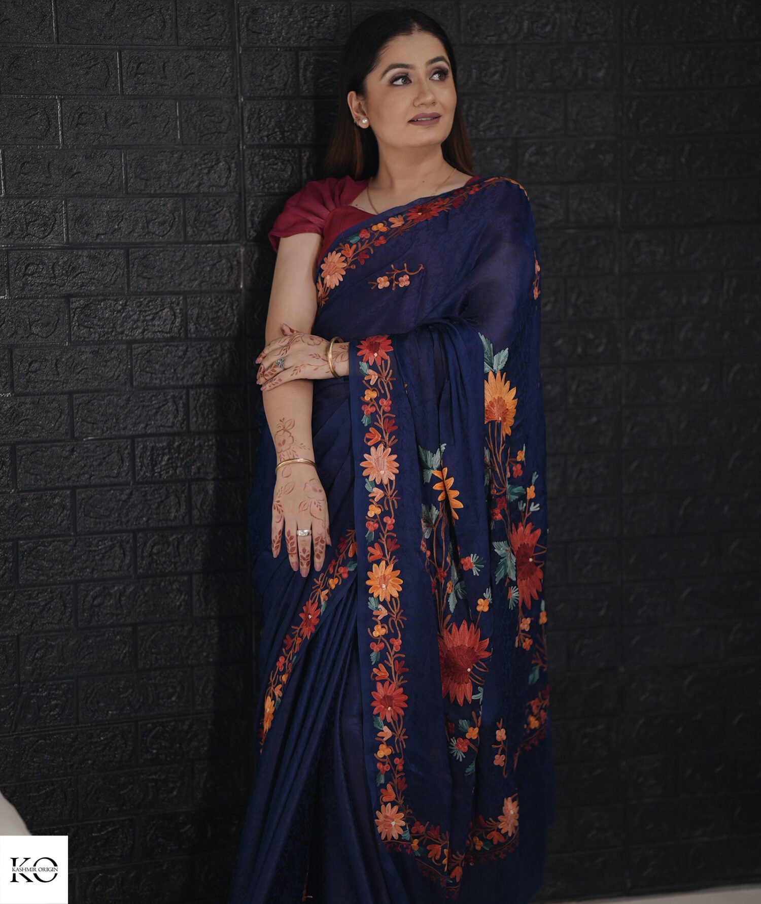 Midnight Blue Aari Embroidered Crepe Saree