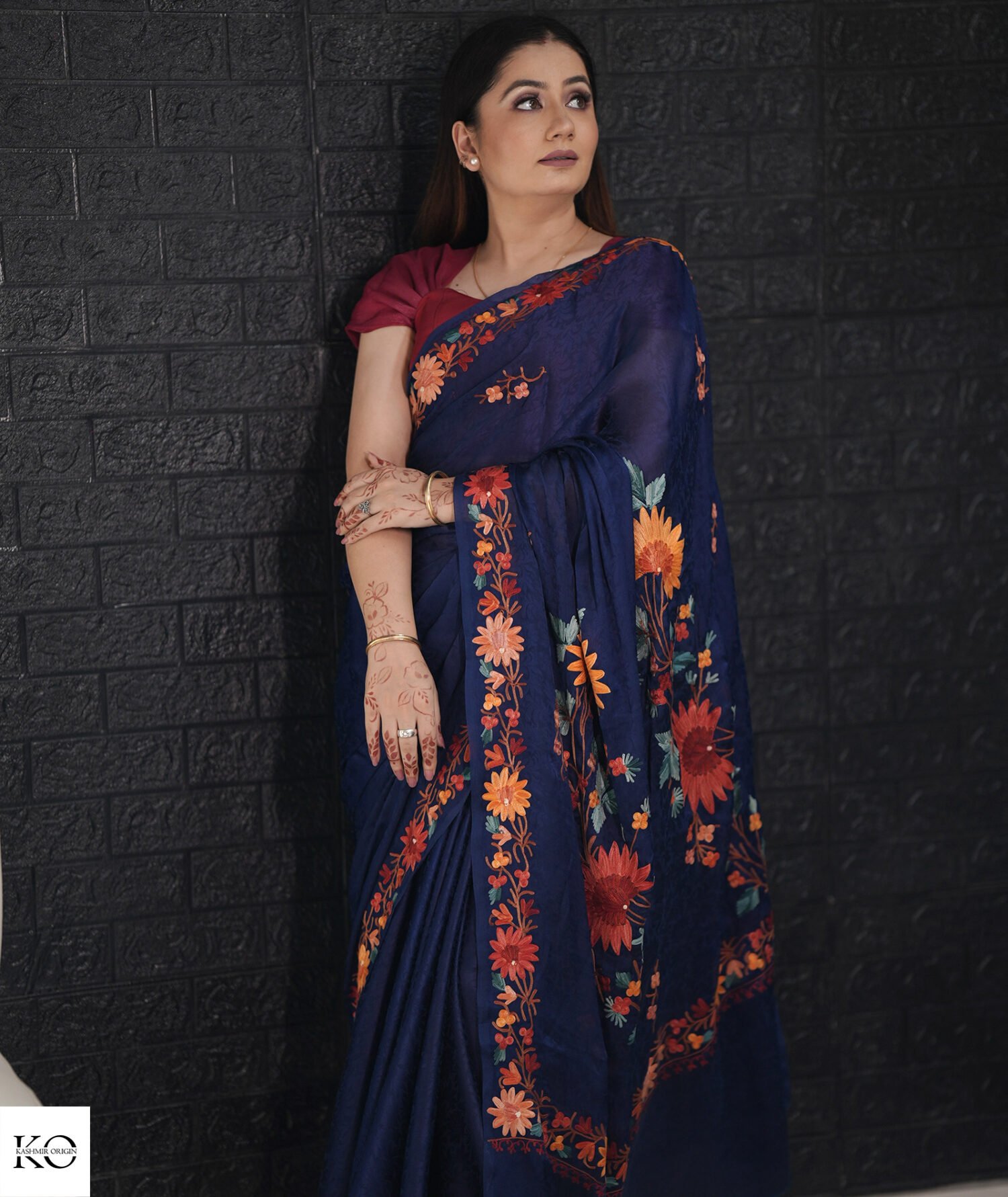 Midnight Blue Aari Embroidered Crepe Saree